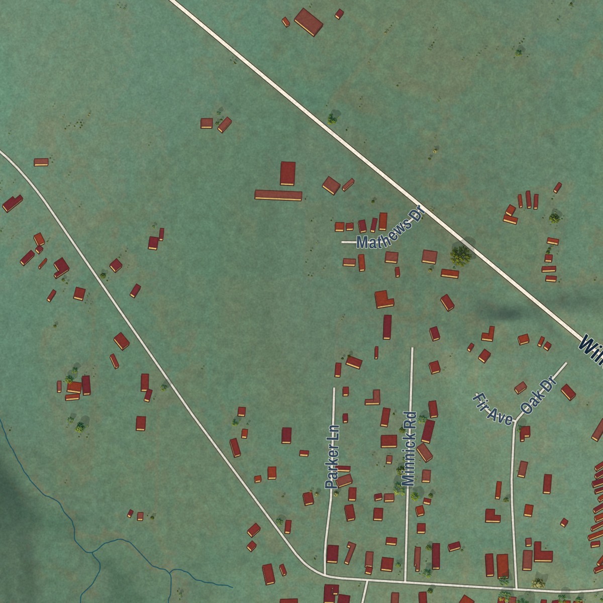 Second close-up of the map of Dexter, Oregon print showing more streets and buildings