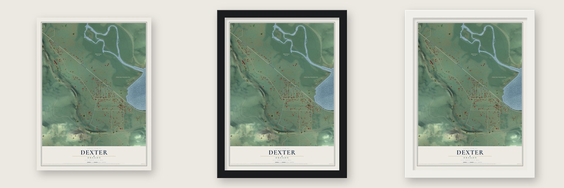 Dexter, Oregon map unframed, in a black wood frame and in a white wood frame