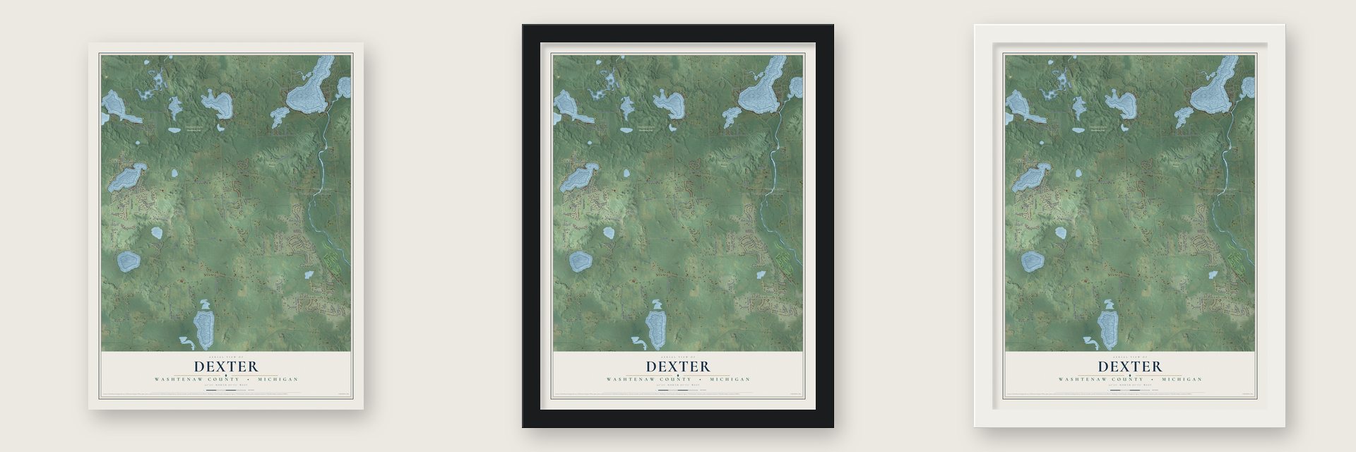 Dexter, Washtenaw County, Michigan map unframed, in a black wood frame and in a white wood frame