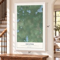 Dexter, Washtenaw County, Michigan map, 24 x 36 inch print in a white frame by a staircase