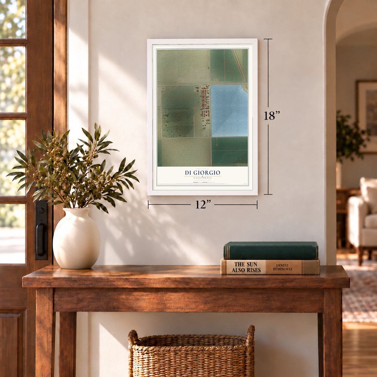 Di Giorgio, California map, 12 x 18 inch print in a white frame in an entryway
