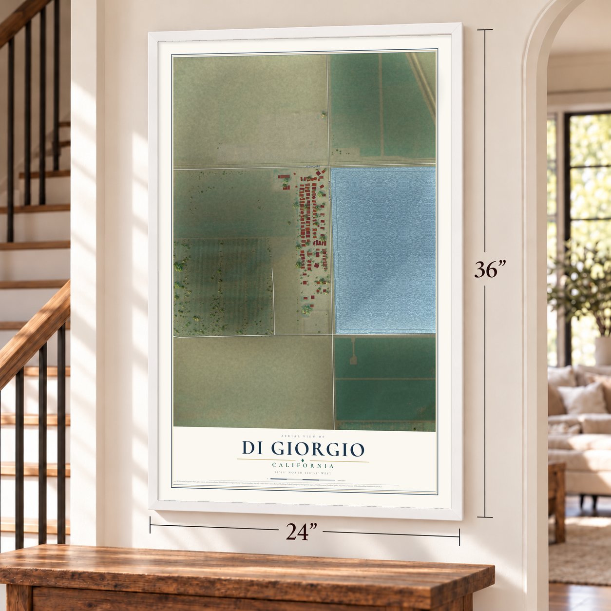 Di Giorgio, California map, 24 x 36 inch print in a white frame by a staircase