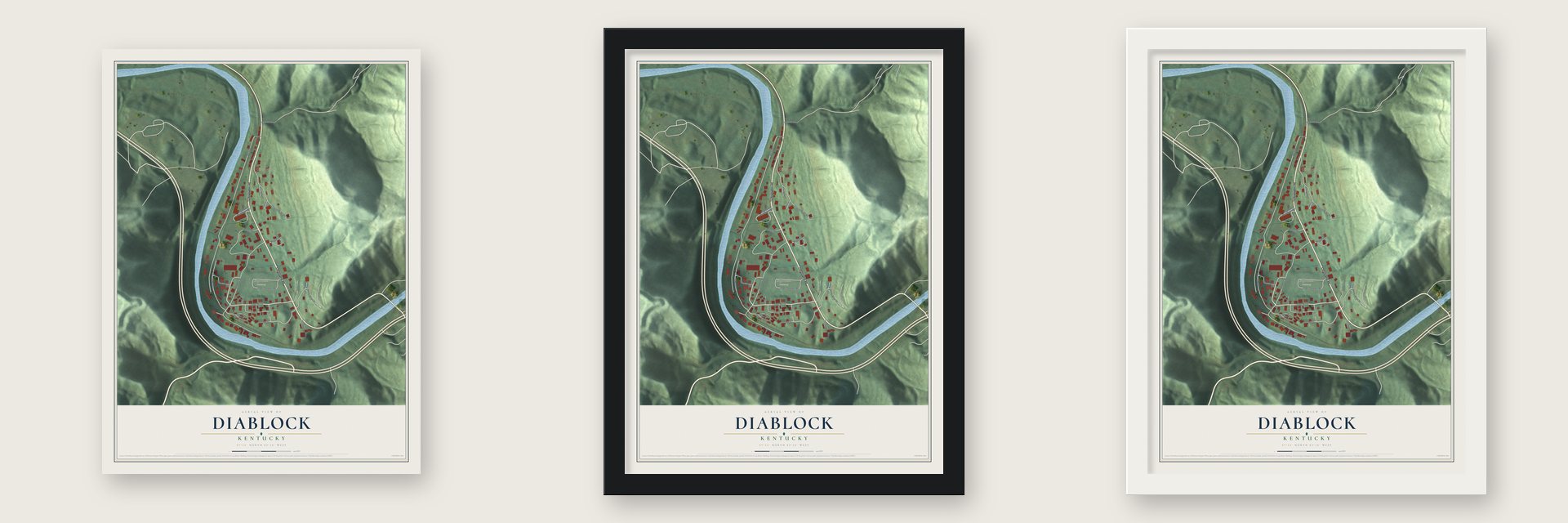 Diablock, Kentucky map unframed, in a black wood frame and in a white wood frame