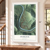 Diablock, Kentucky map, 24 x 36 inch print in a white frame by a staircase