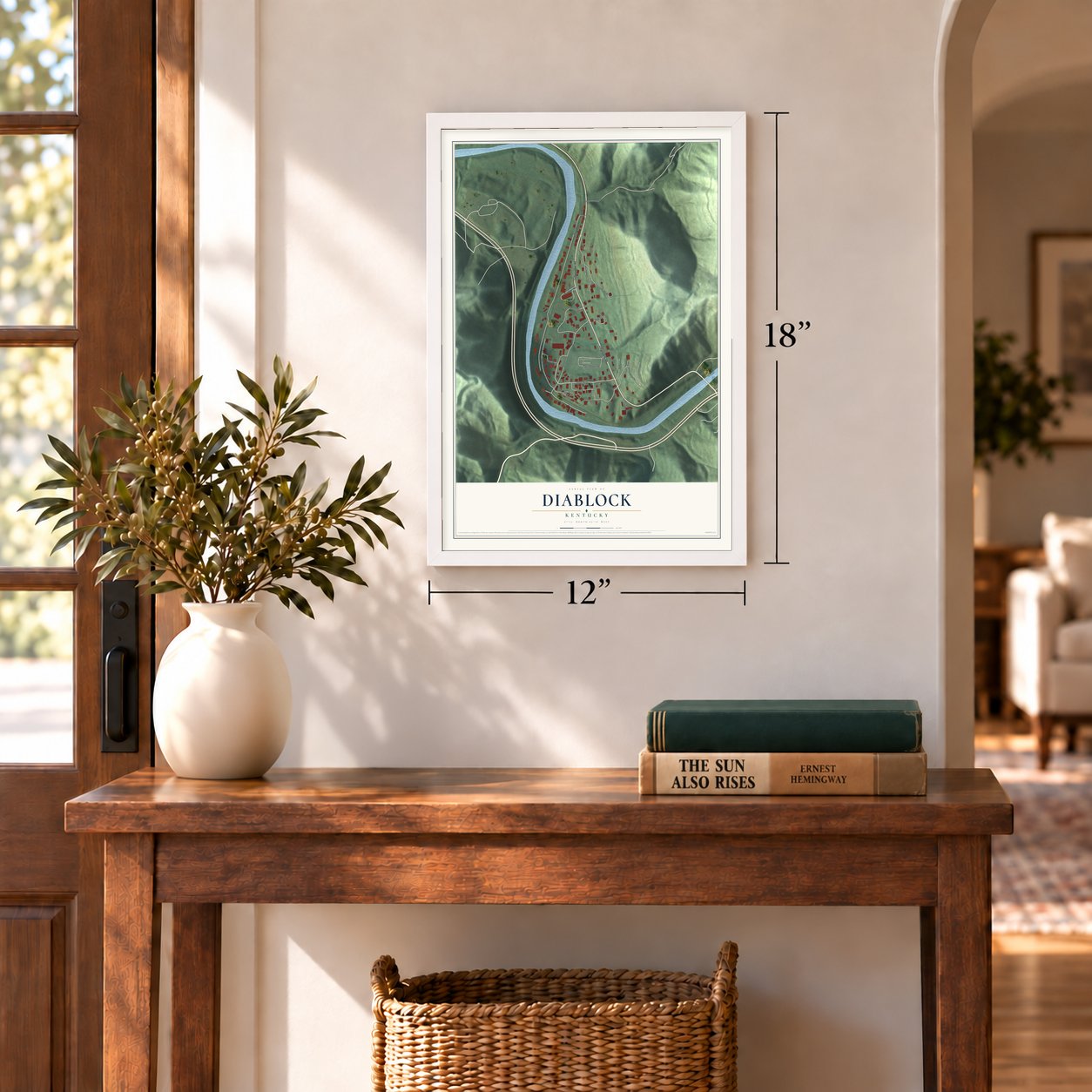 Diablock, Kentucky map, 12 x 18 inch print in a white frame in an entryway