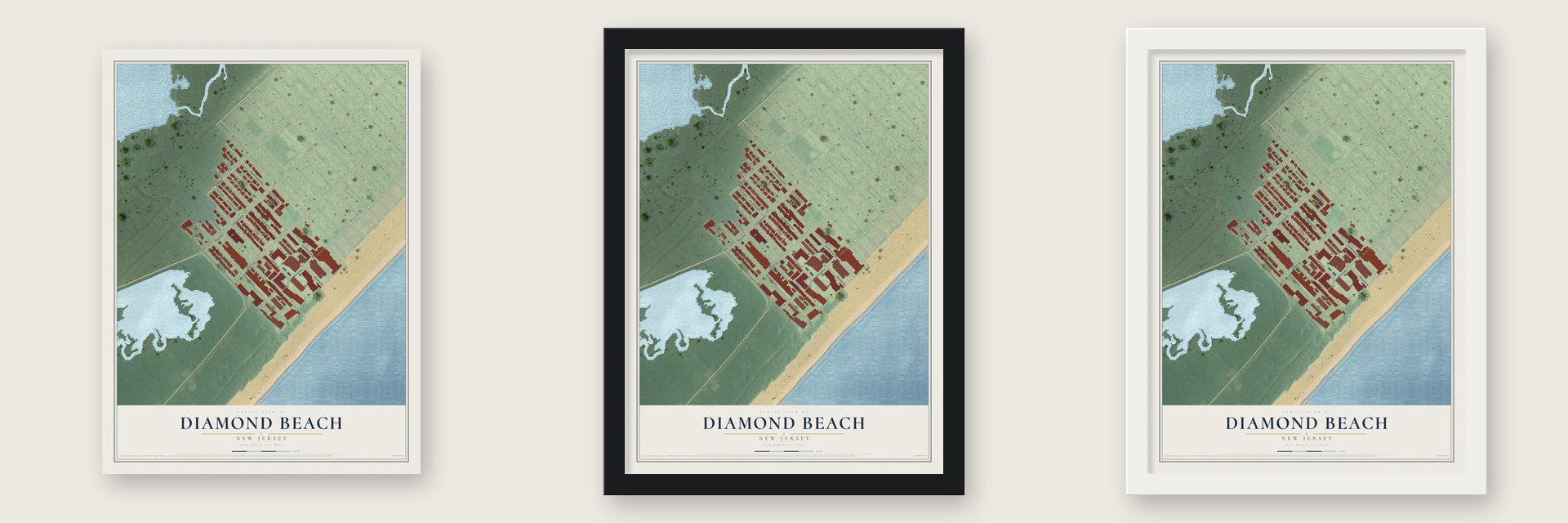 Diamond Beach, New Jersey map unframed, in a black wood frame and in a white wood frame