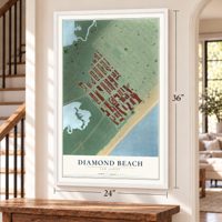 Diamond Beach, New Jersey map, 24 x 36 inch print in a white frame by a staircase