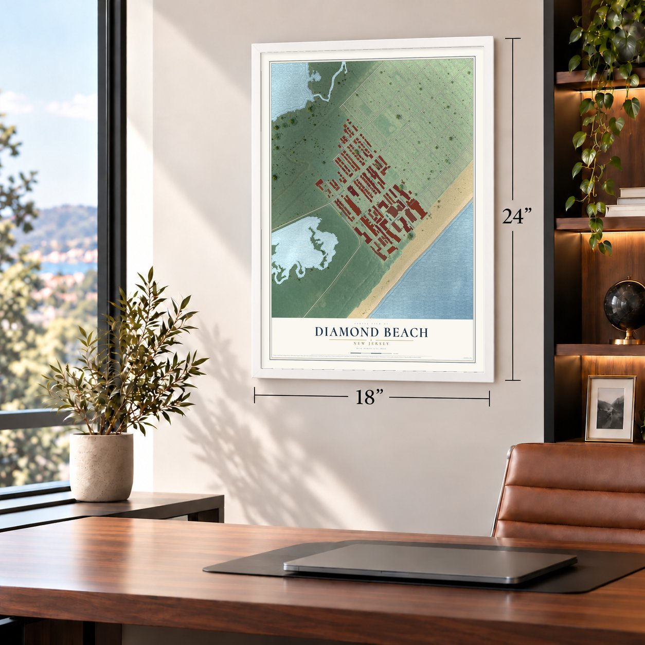 Diamond Beach, New Jersey map, 18 x 24 inch print in a white frame in a home office