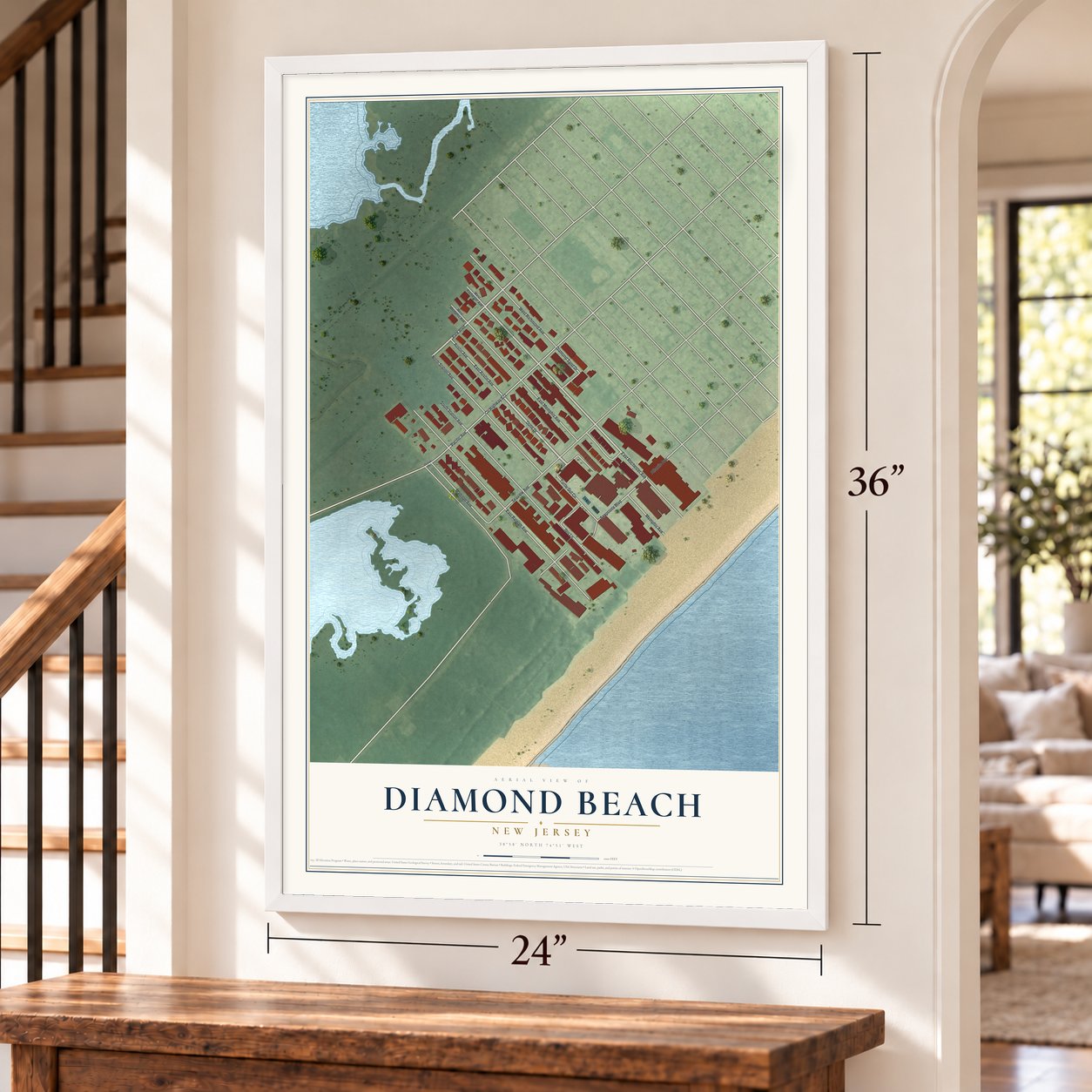 Diamond Beach, New Jersey map, 24 x 36 inch print in a white frame by a staircase