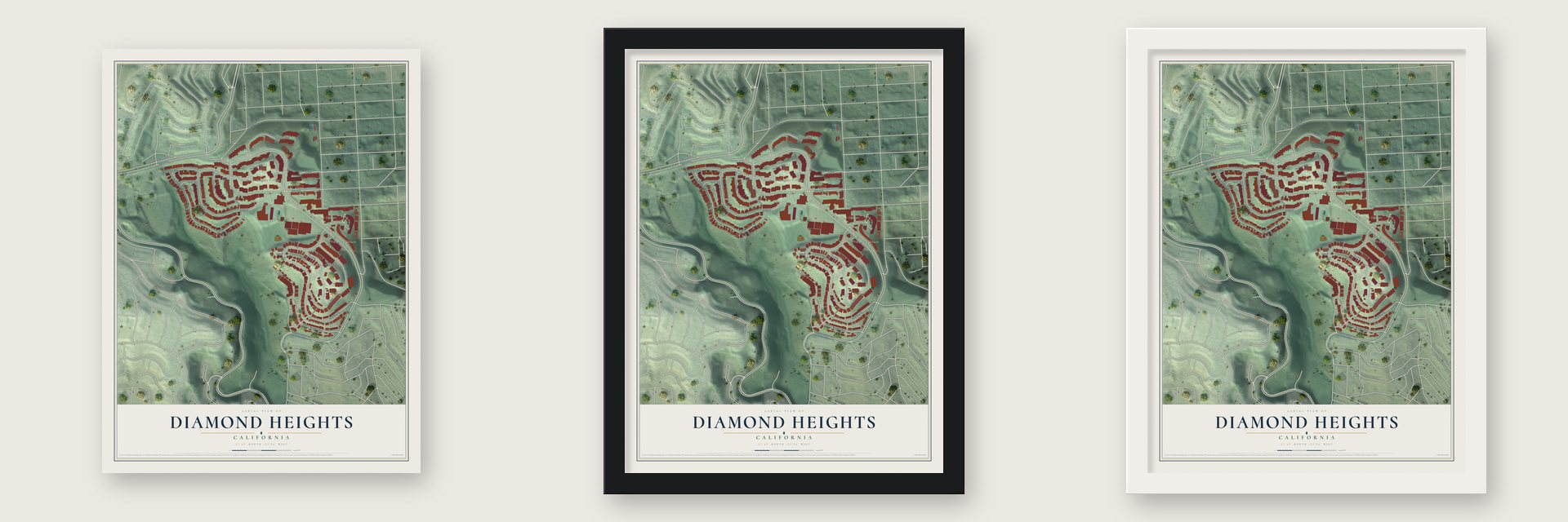 Diamond Heights, California map unframed, in a black wood frame and in a white wood frame