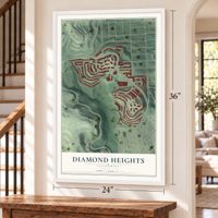 Diamond Heights, California map, 24 x 36 inch print in a white frame by a staircase