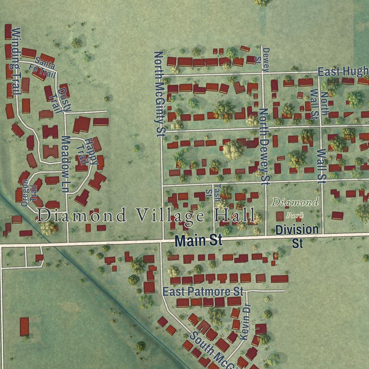Second close-up of the map of Diamond, Illinois print showing more streets and buildings