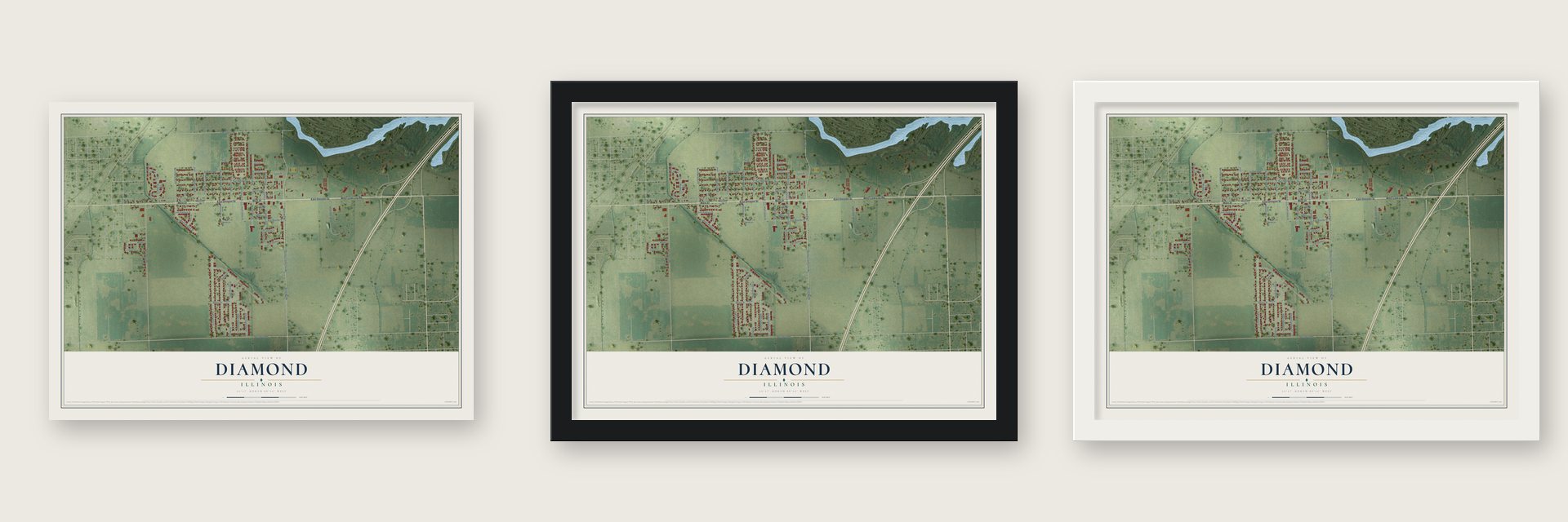 Diamond, Illinois map unframed, in a black wood frame and in a white wood frame