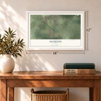 Diamond, Illinois map, 12 x 18 inch print in a white frame in an entryway