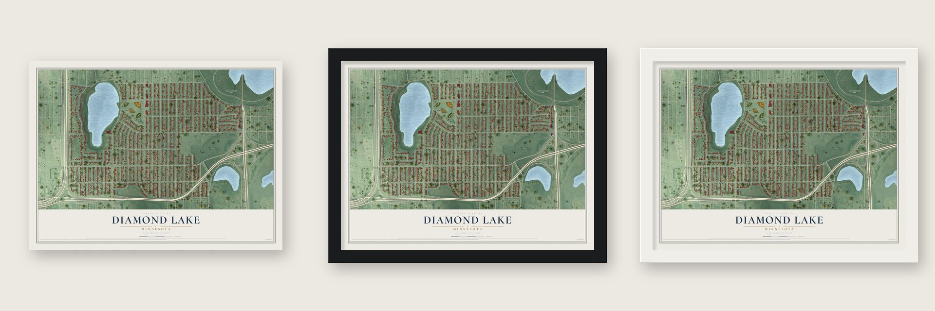 Diamond Lake, Minnesota map unframed, in a black wood frame and in a white wood frame