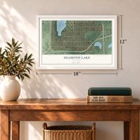 Diamond Lake, Minnesota map, 12 x 18 inch print in a white frame in an entryway