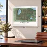 Diamond Lake, Minnesota map, 18 x 24 inch print in a white frame in a home office