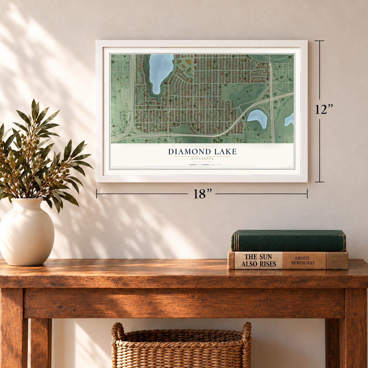 Diamond Lake, Minnesota map, 12 x 18 inch print in a white frame in an entryway