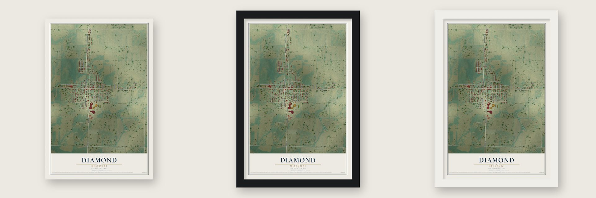 Diamond, Missouri map unframed, in a black wood frame and in a white wood frame