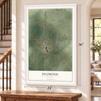 Diamond, Missouri map, 24 x 36 inch print in a white frame by a staircase