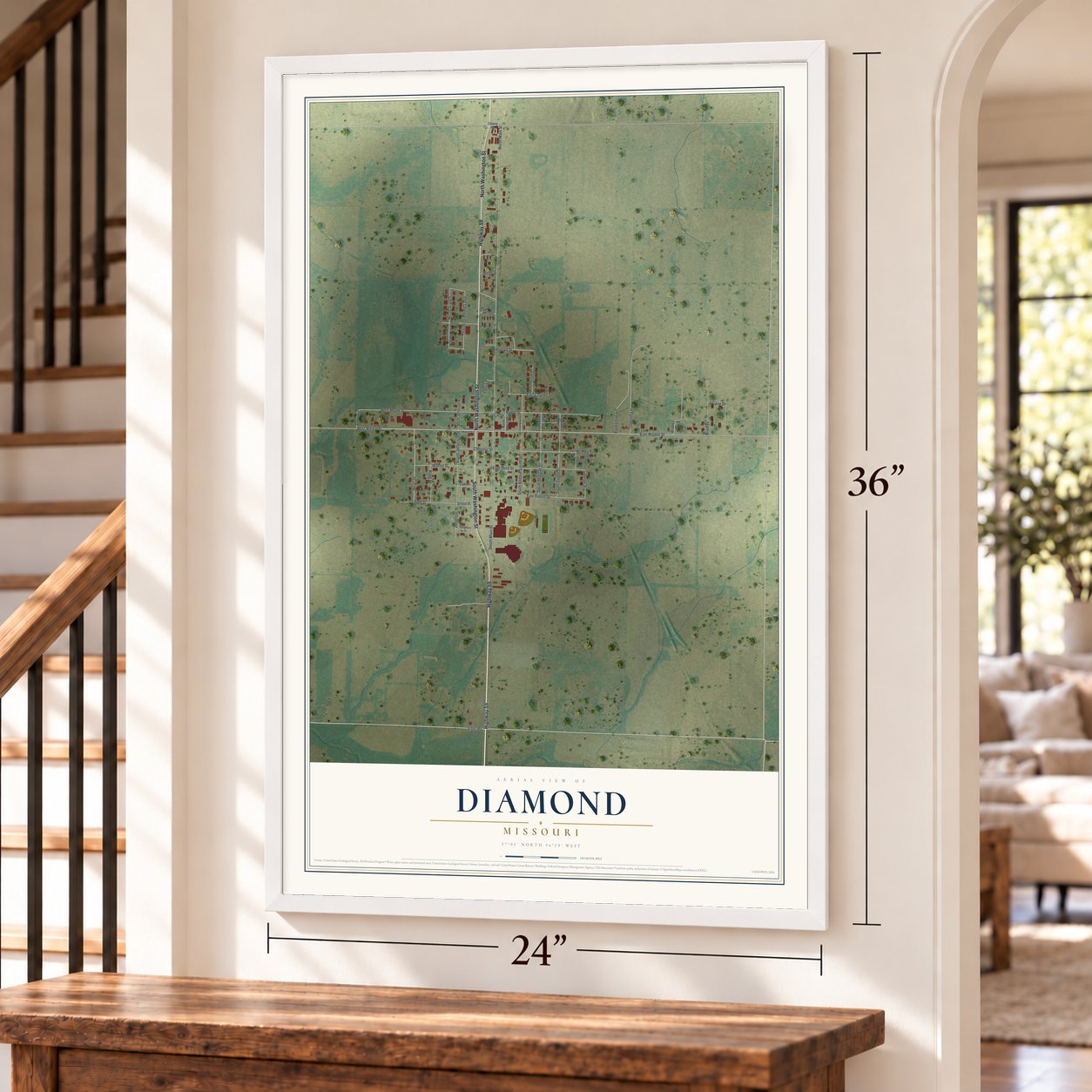 Diamond, Missouri map, 24 x 36 inch print in a white frame by a staircase