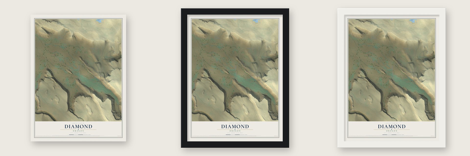 Diamond, Oregon map unframed, in a black wood frame and in a white wood frame