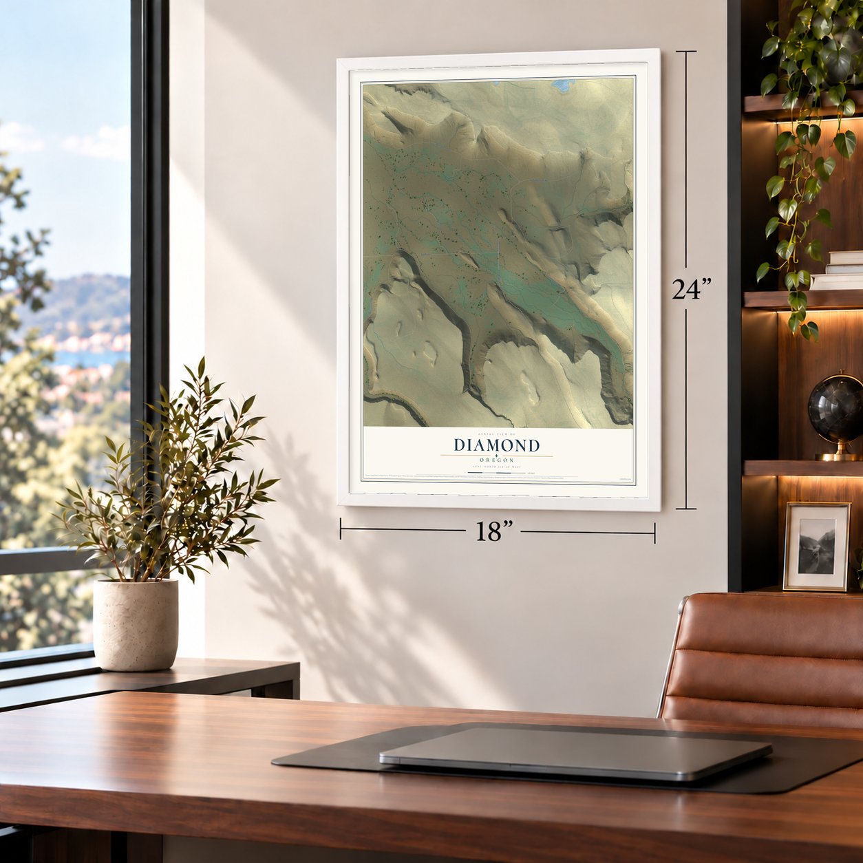 Diamond, Oregon map, 18 x 24 inch print in a white frame in a home office