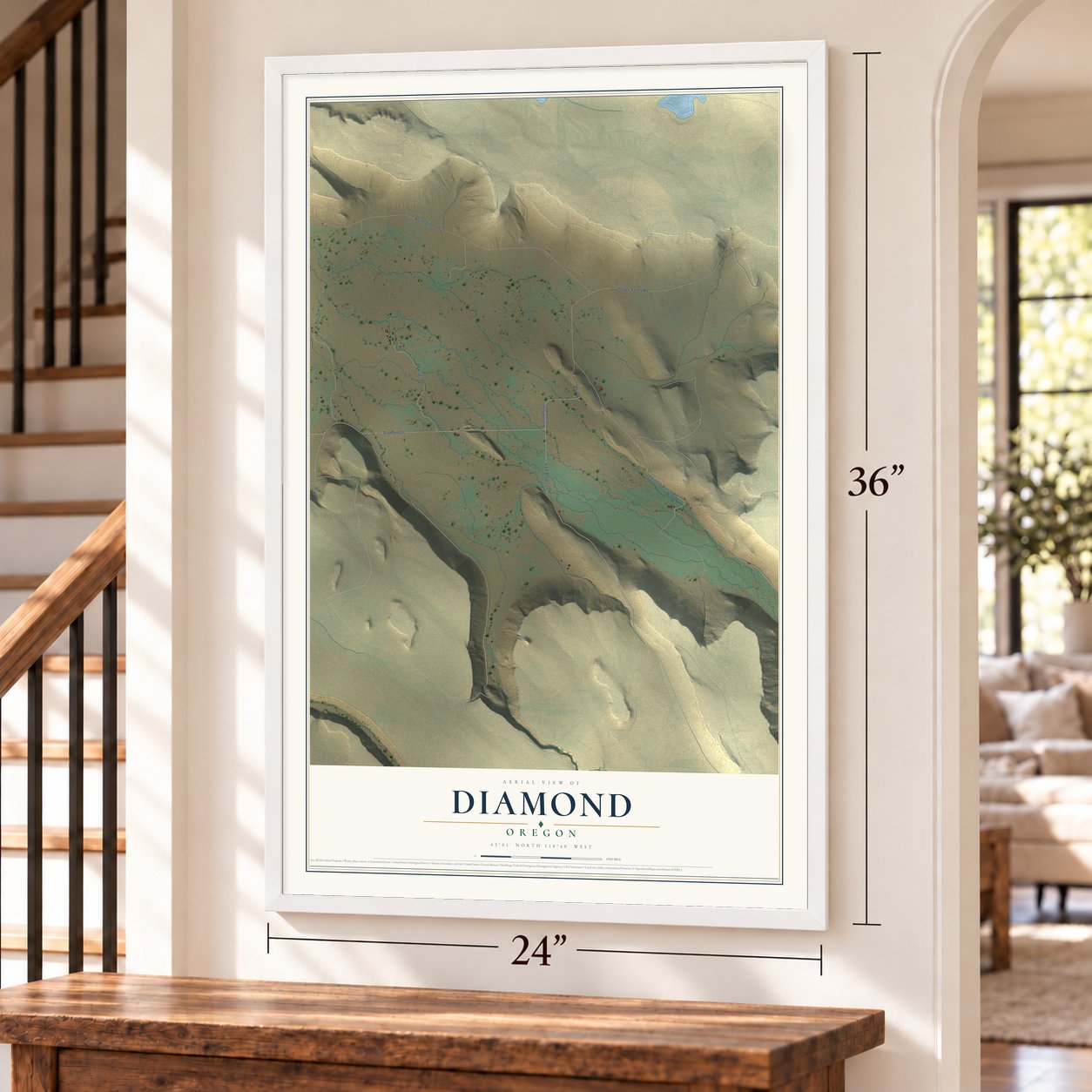 Diamond, Oregon map, 24 x 36 inch print in a white frame by a staircase