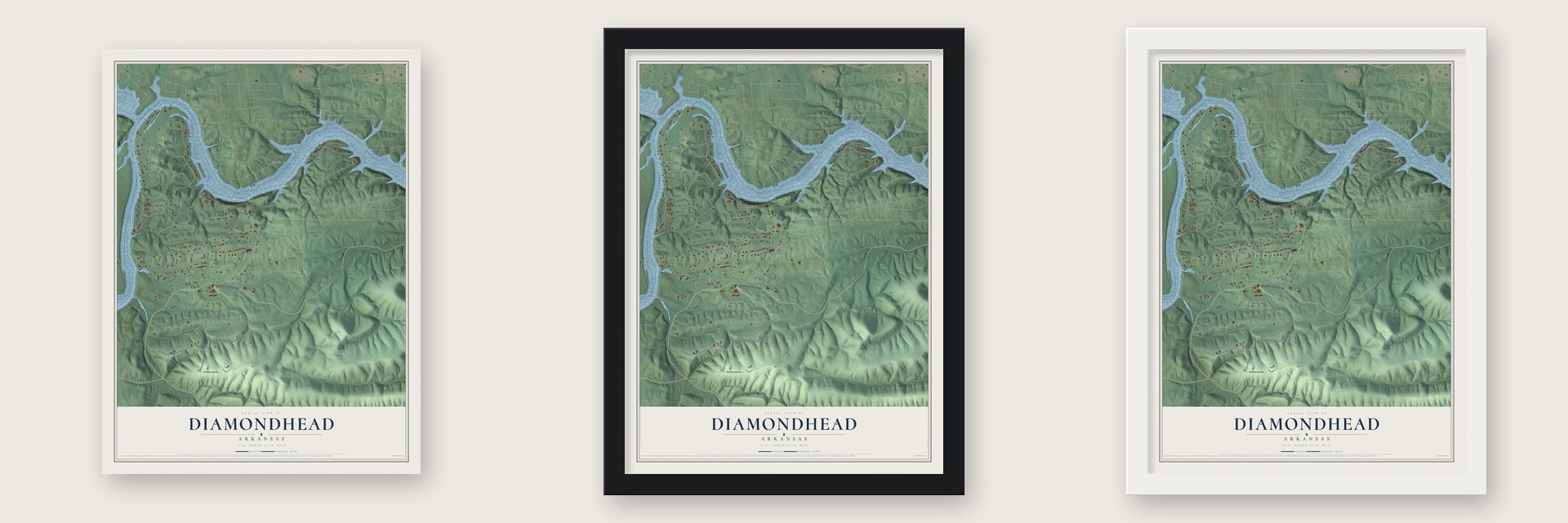 Diamondhead, Arkansas map unframed, in a black wood frame and in a white wood frame