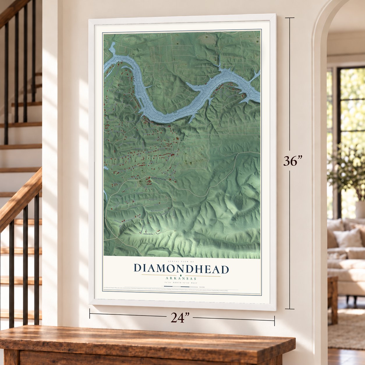Diamondhead, Arkansas map, 24 x 36 inch print in a white frame by a staircase