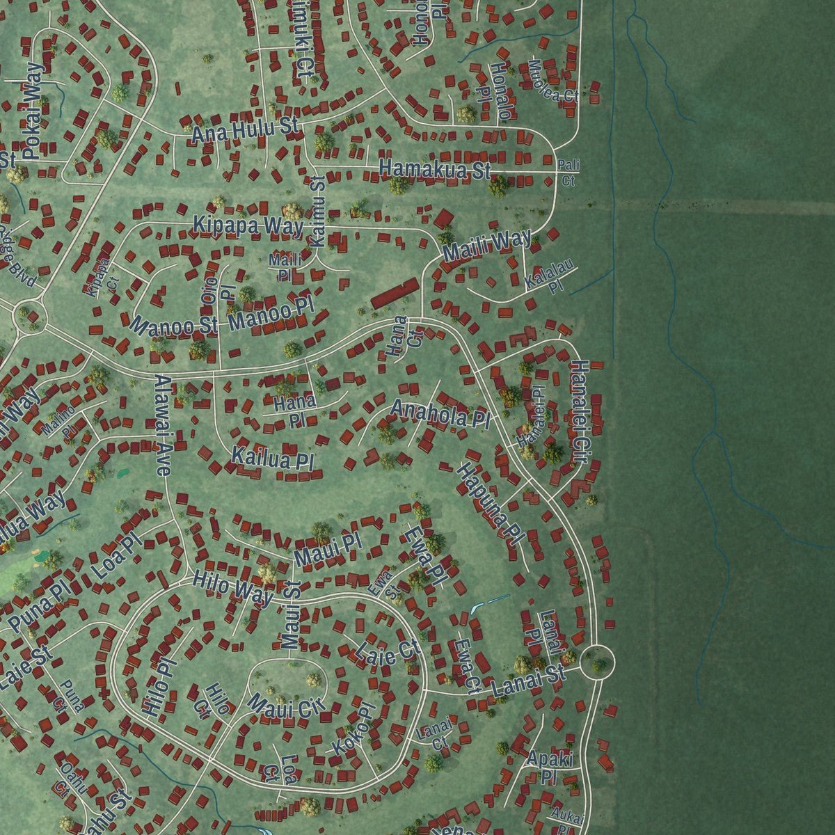 Second close-up of the map of Diamondhead, Mississippi print showing more streets and buildings
