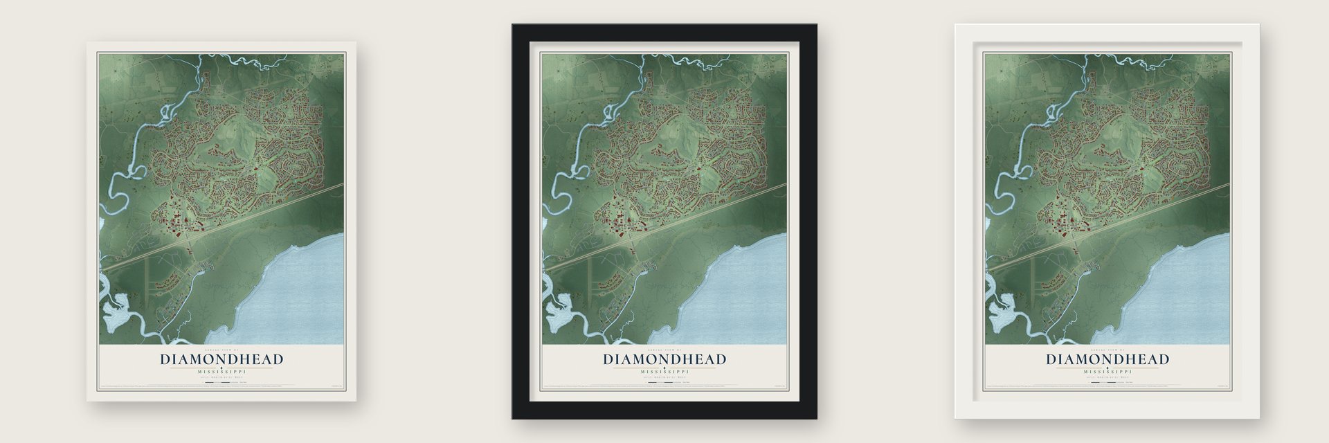 Diamondhead, Mississippi map unframed, in a black wood frame and in a white wood frame