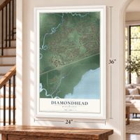 Diamondhead, Mississippi map, 24 x 36 inch print in a white frame by a staircase