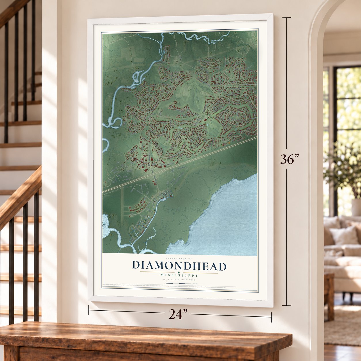 Diamondhead, Mississippi map, 24 x 36 inch print in a white frame by a staircase