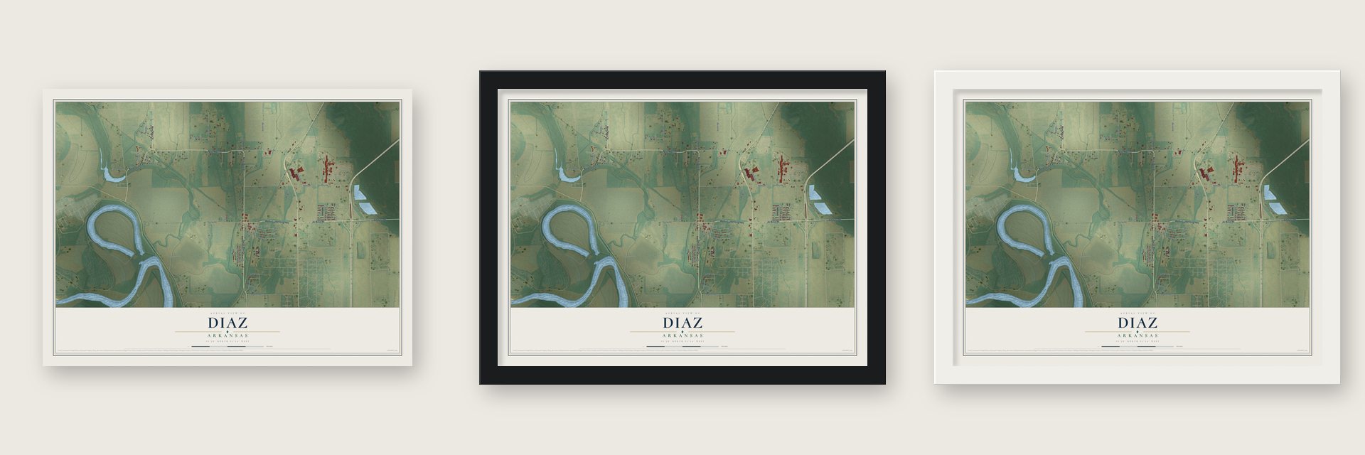 Diaz, Arkansas map unframed, in a black wood frame and in a white wood frame