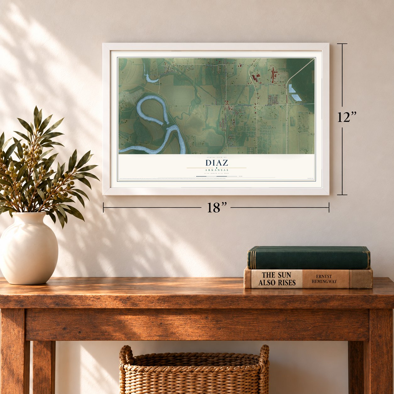 Diaz, Arkansas map, 12 x 18 inch print in a white frame in an entryway