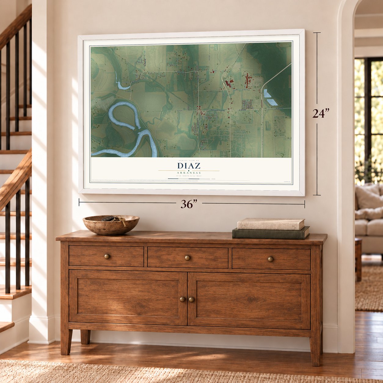 Diaz, Arkansas map, 24 x 36 inch print in a white frame above a dresser by a staircase