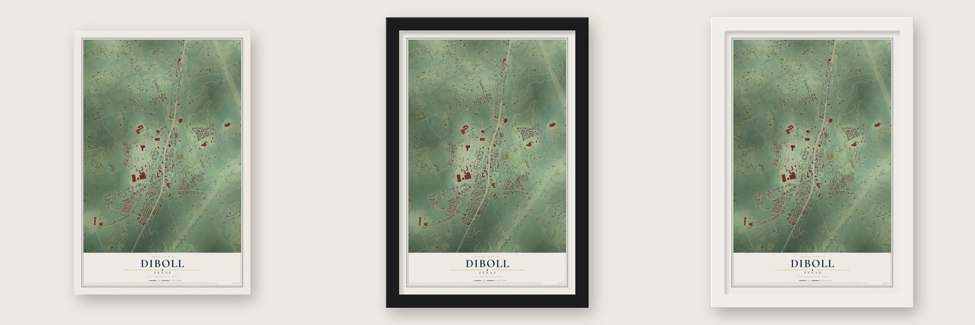 Diboll, Texas map unframed, in a black wood frame and in a white wood frame