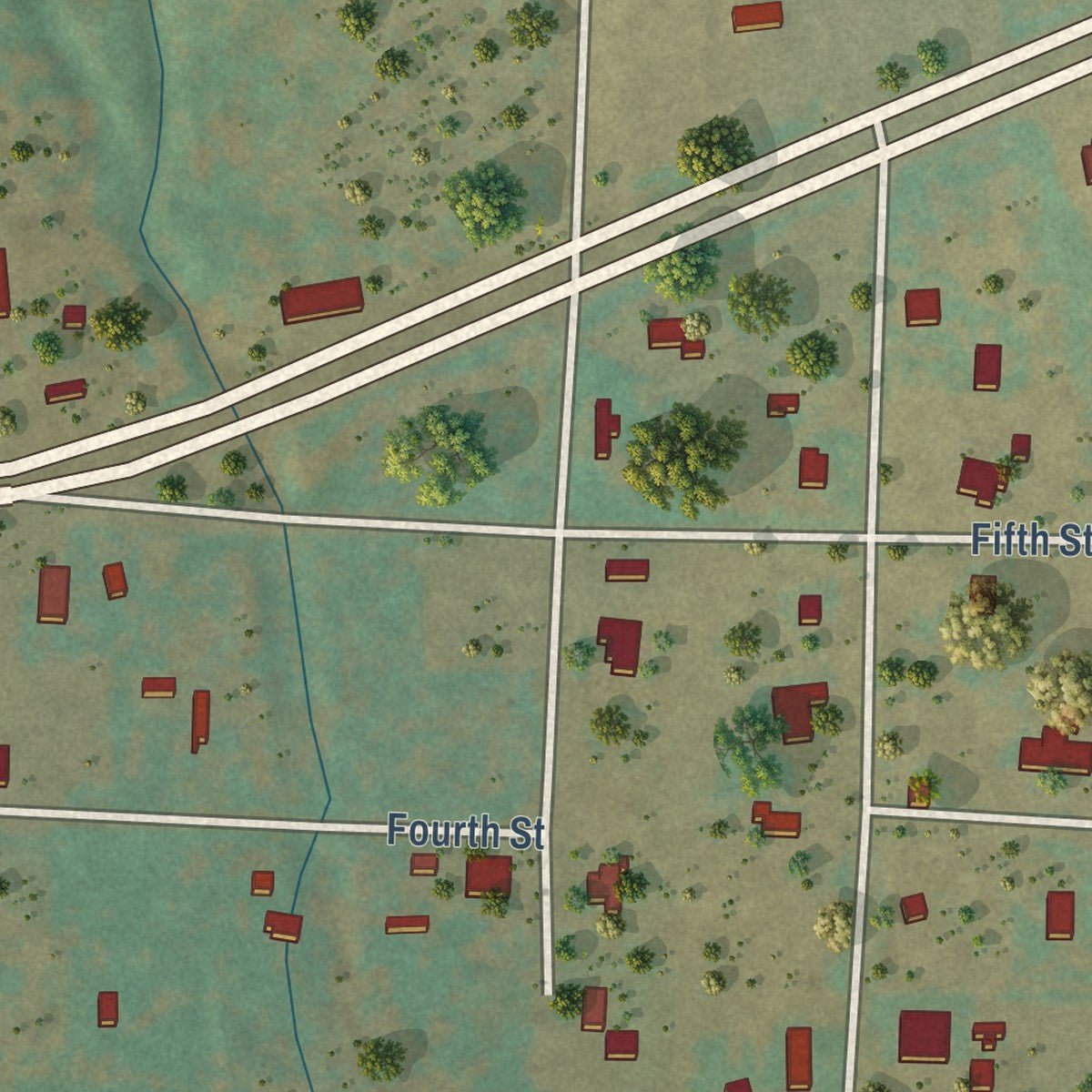 Second close-up of the map of Dickens, Texas print showing more streets and buildings