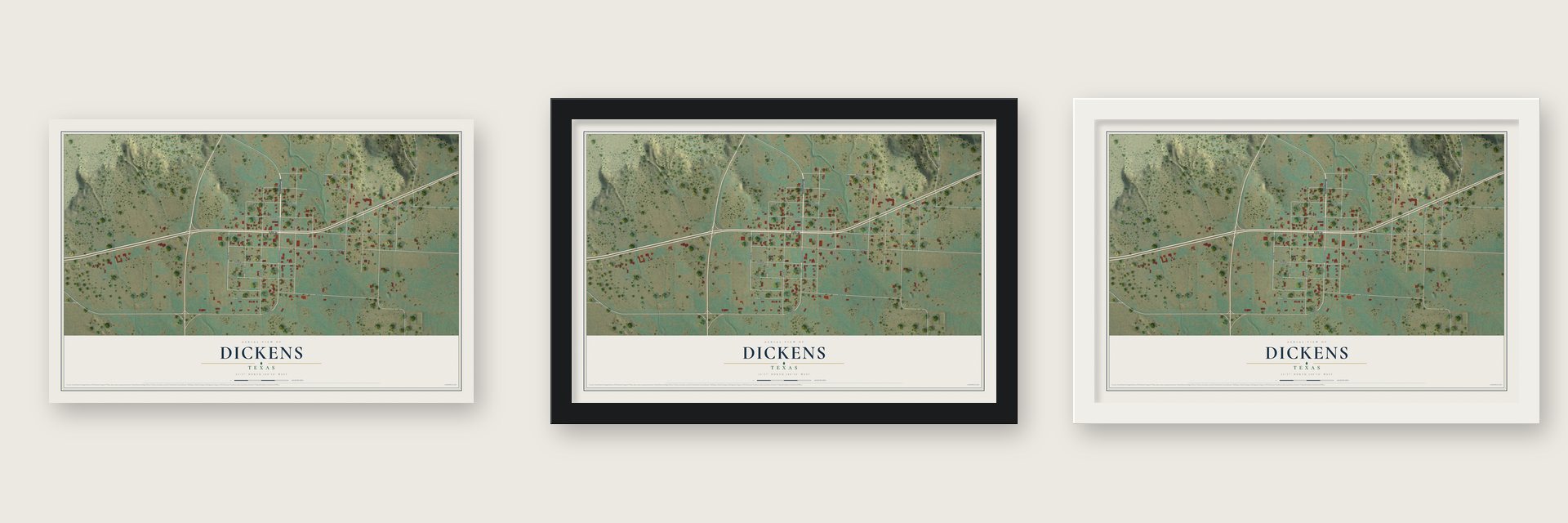 Dickens, Texas map unframed, in a black wood frame and in a white wood frame