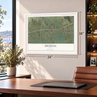 Dickens, Texas map, 18 x 24 inch print in a white frame in a home office