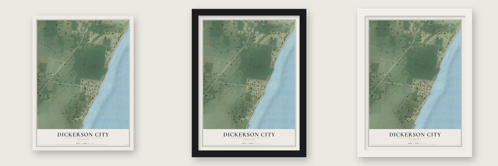 Dickerson City, Florida map unframed, in a black wood frame and in a white wood frame