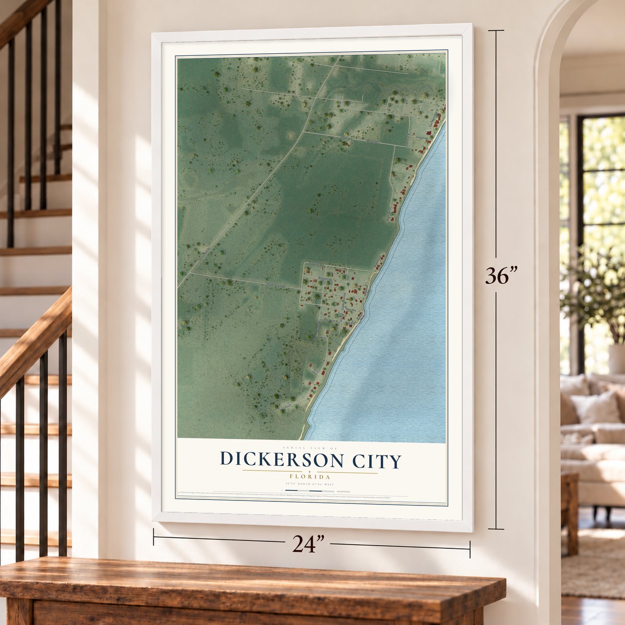Dickerson City, Florida map, 24 x 36 inch print in a white frame by a staircase