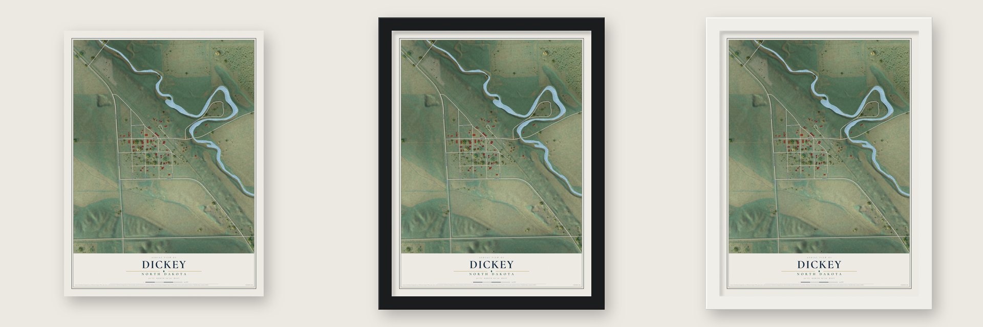 Dickey, North Dakota map unframed, in a black wood frame and in a white wood frame