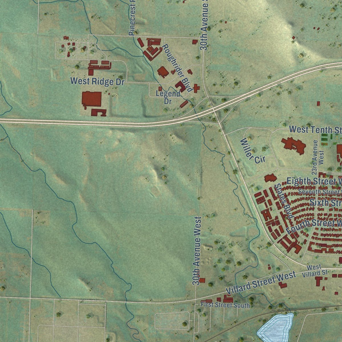 Second close-up of the map of Dickinson, North Dakota print showing more streets and buildings