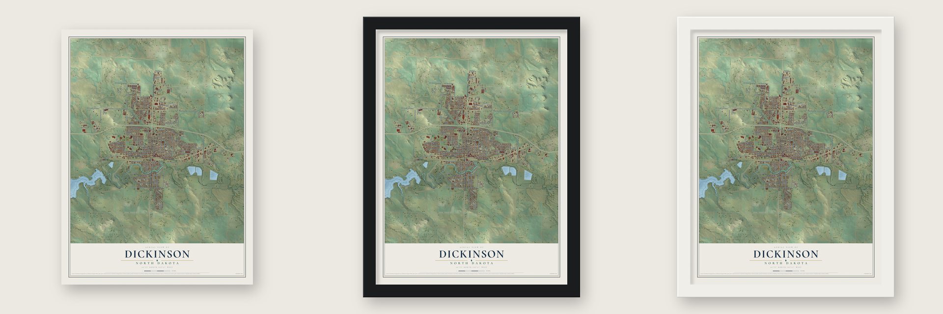 Dickinson, North Dakota map unframed, in a black wood frame and in a white wood frame