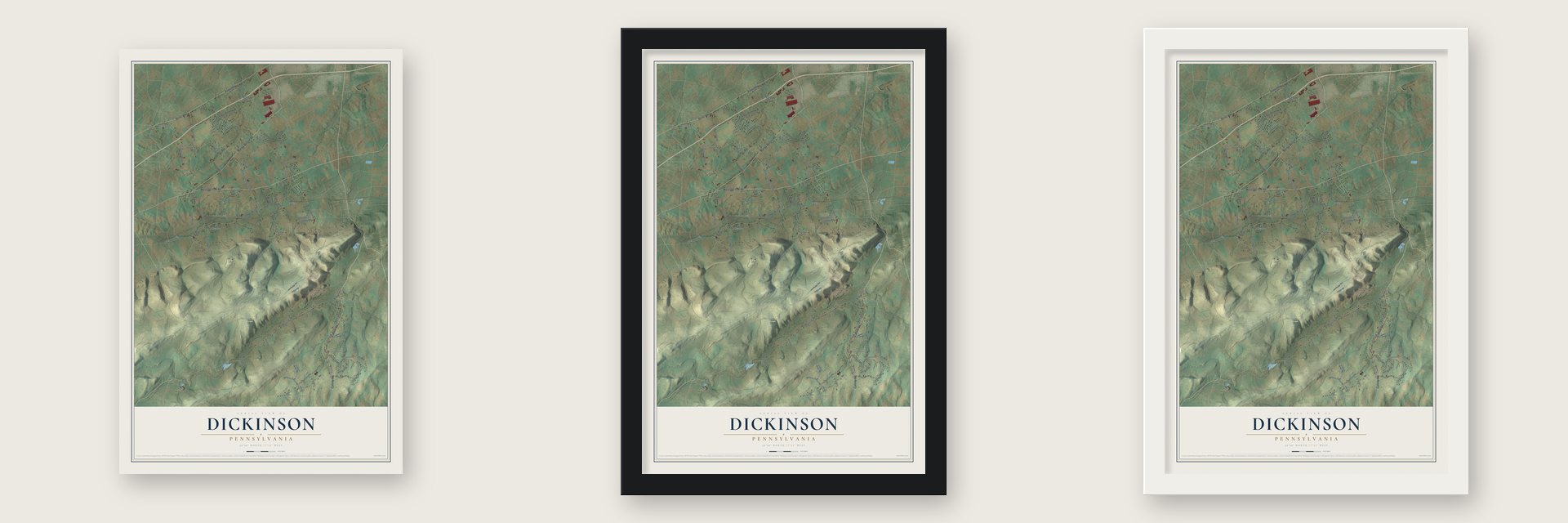 Dickinson, Pennsylvania map unframed, in a black wood frame and in a white wood frame