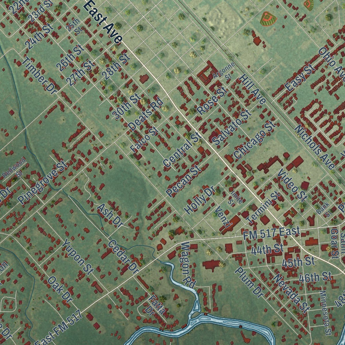 Second close-up of the map of Dickinson, Texas print showing more streets and buildings