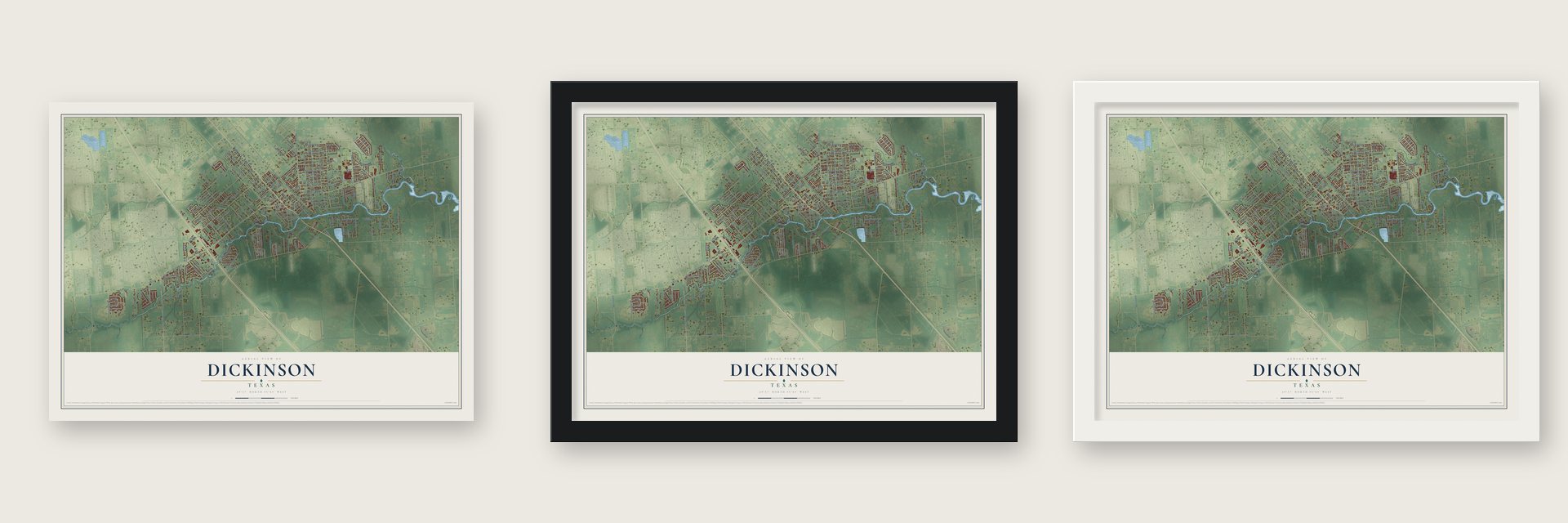 Dickinson, Texas map unframed, in a black wood frame and in a white wood frame