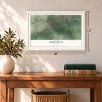 Dickinson, Texas map, 12 x 18 inch print in a white frame in an entryway